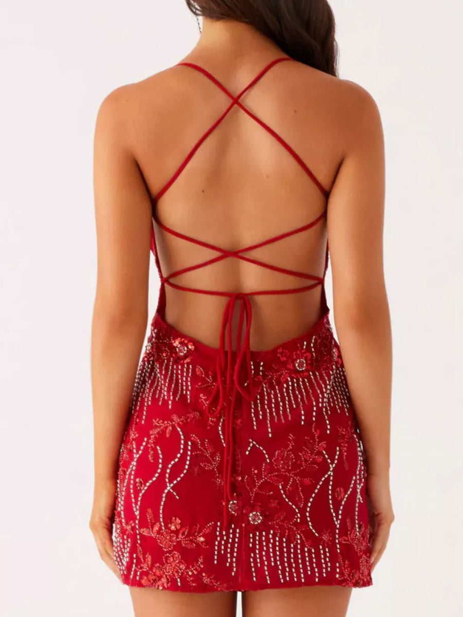 Deep Red embellished floral mini dress with crisscross back straps and beaded fringe detail.