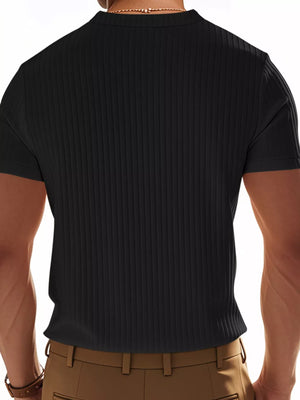 Men's black ribbed cotton short-sleeve tee with button detail