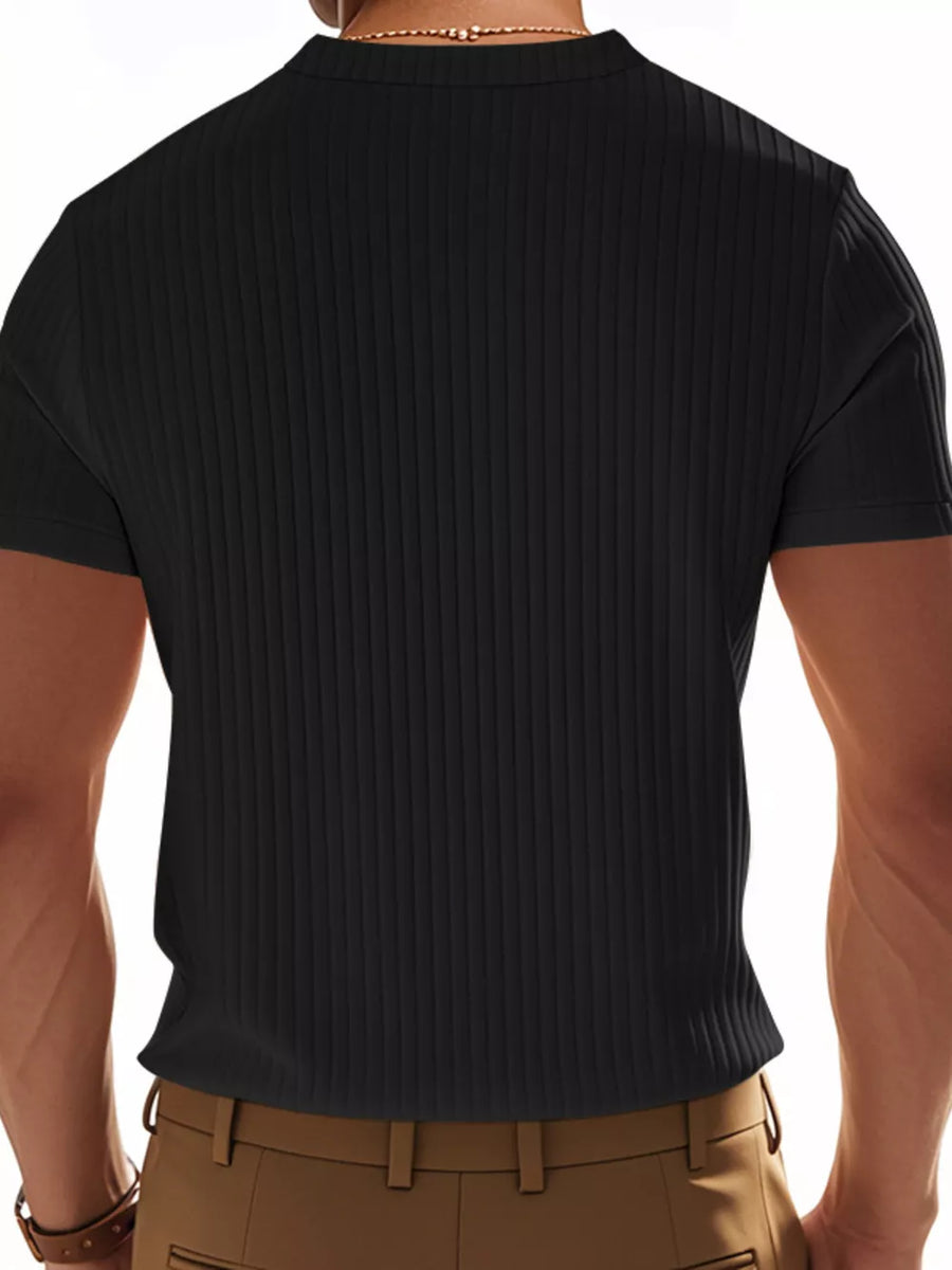 Men's black ribbed cotton short-sleeve tee with button detail