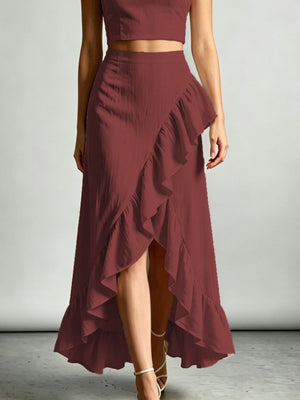 Halter Neck Crop Top And High-Low Maxi Skirt Set in Navy with ruffled