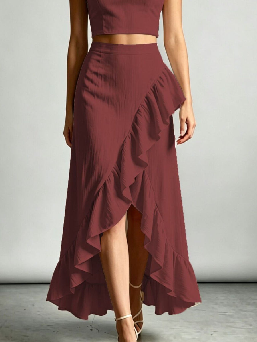 Halter Neck Crop Top And High-Low Maxi Skirt Set in Navy with ruffled