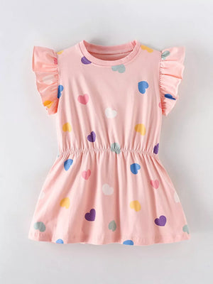 Pink baby dress with heart print, ruffled sleeves, and elastic waist