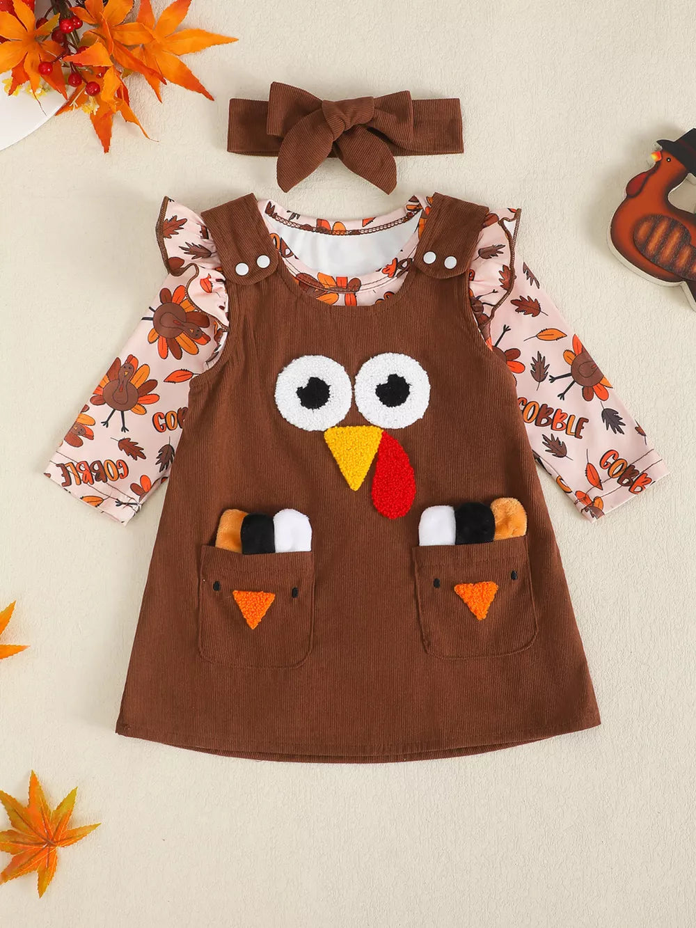 Baby Thanksgiving turkey dress and bodysuit set with headband, brown corduroy overall dress with applique turkey face and