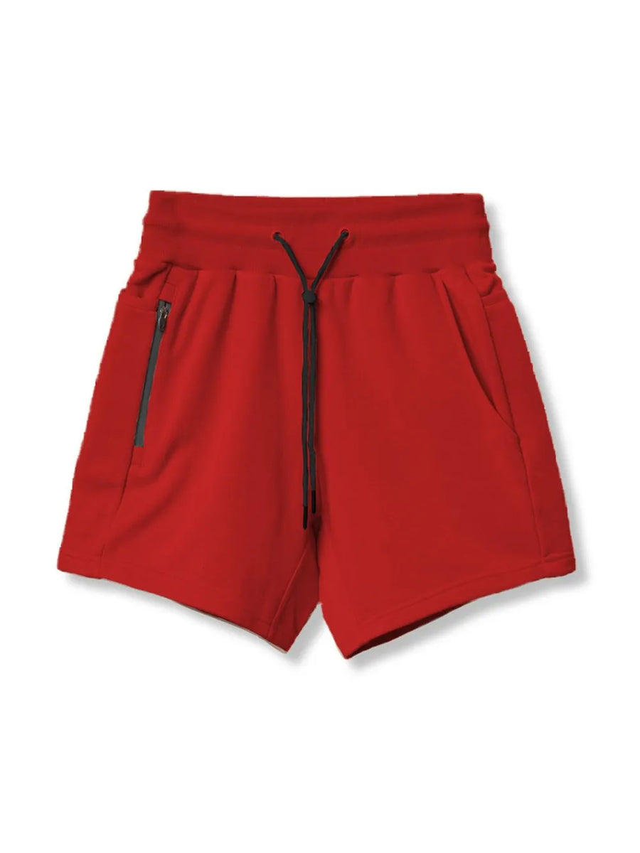 Deep Red performance fleece jogger shorts with drawcord and zippered pocket.