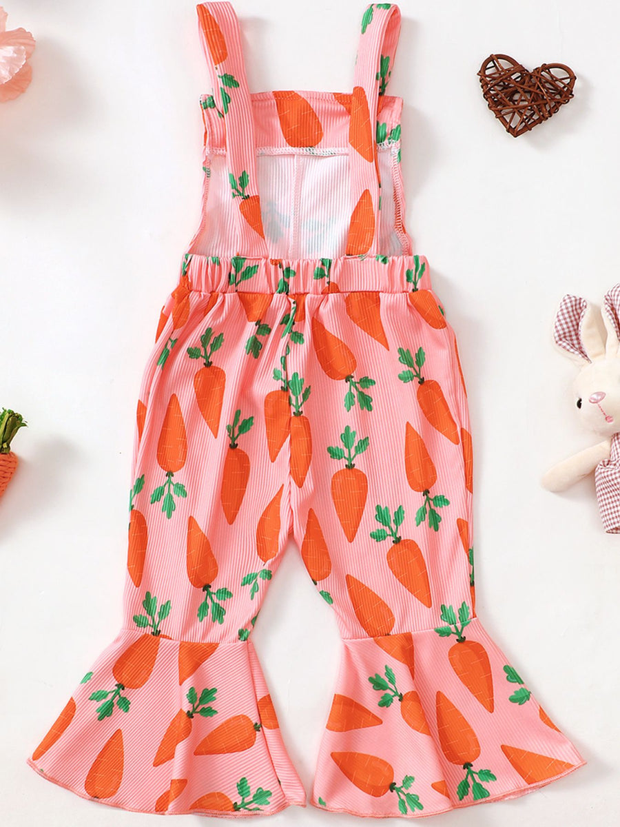 Pink corduroy overalls with allover carrot print and flared legs.