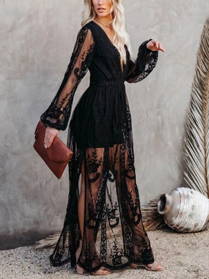 Black floral lace maxi dress with plunging neckline, bell sleeves, and a high slit.