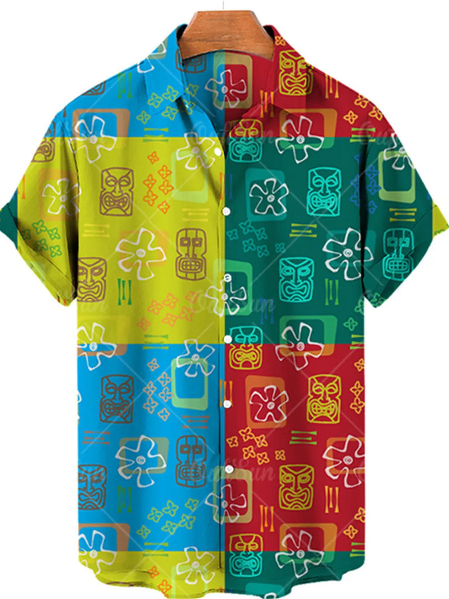 Dark Green Men's Plus Size Printed Button Up Short Sleeve Shirt