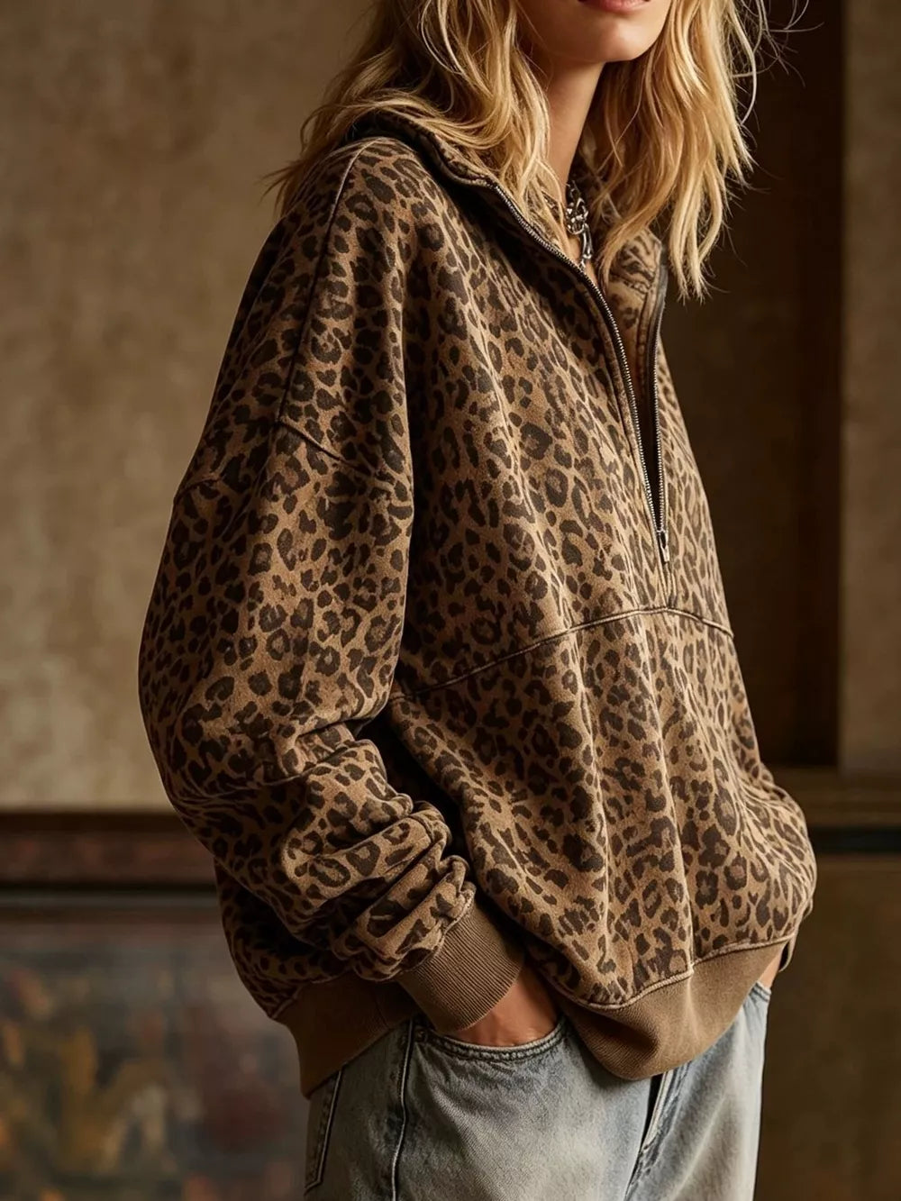 dark brown sweatshirt featuring zipper and leopard