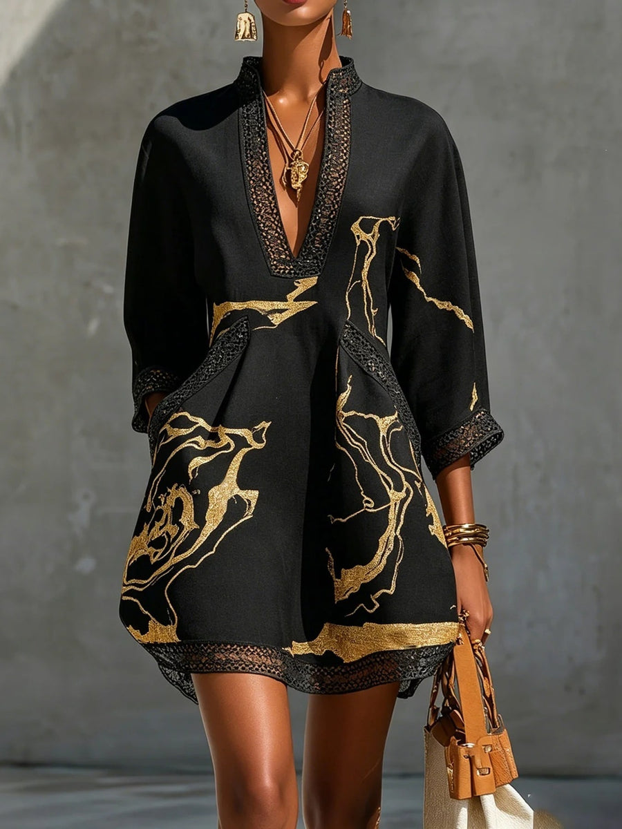 mini dress in Burgundy with notched and 3/4 sleeve