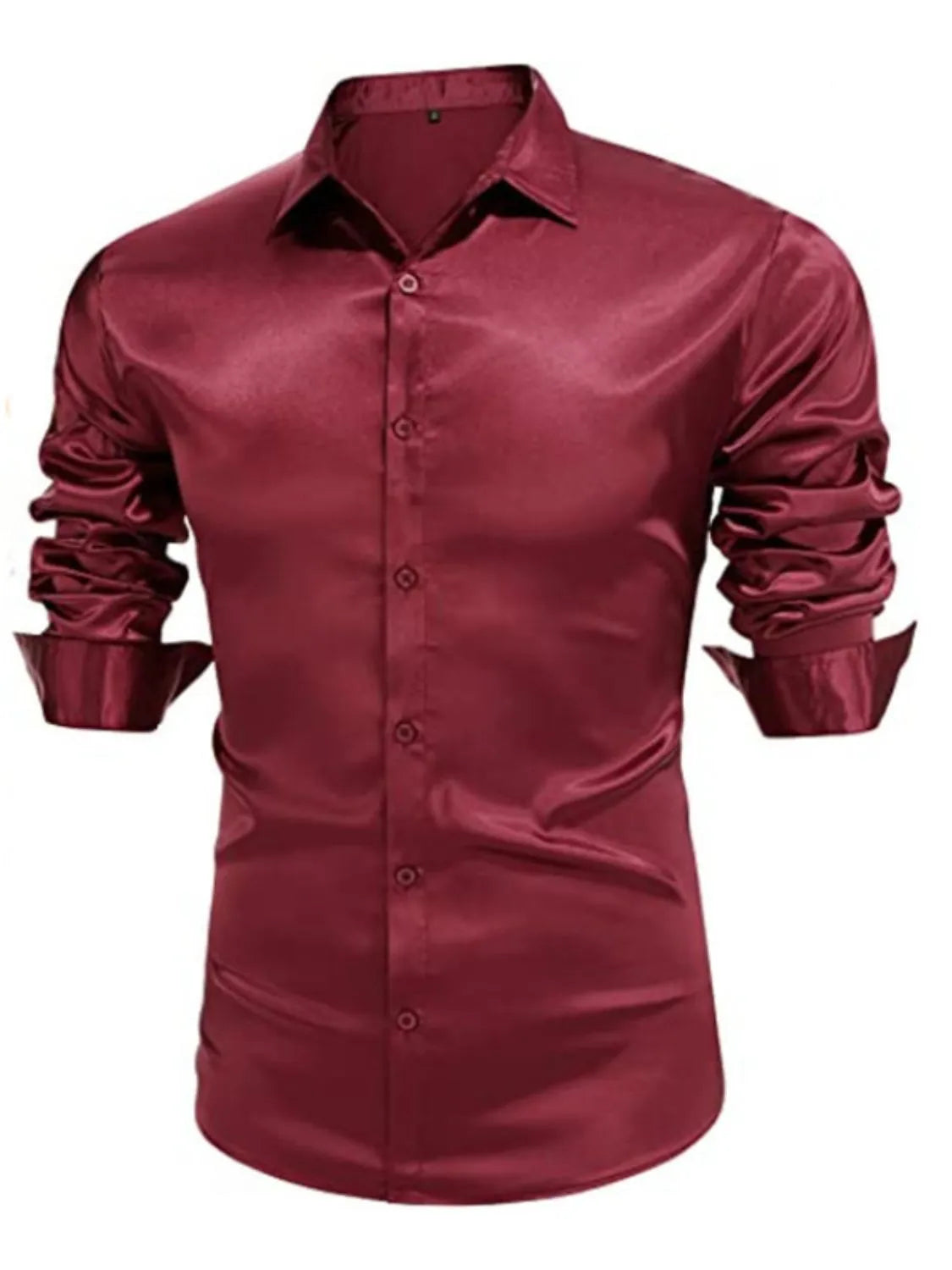 Burgundy satin finish slim fit button-down shirt with ruched sleeves
