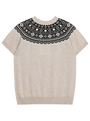 Beige short sleeve sweater with black and white Fair Isle yoke pattern