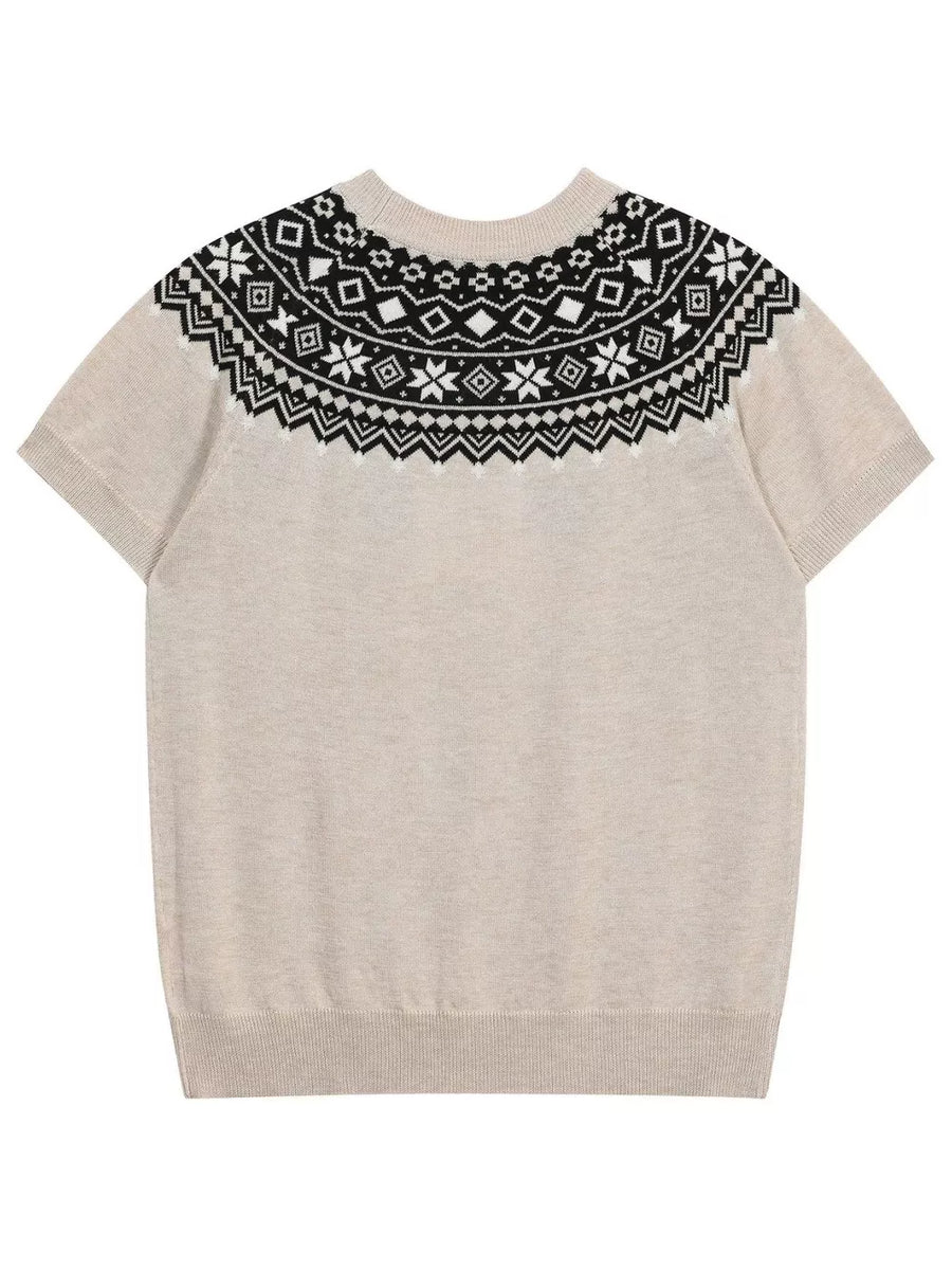 Beige short sleeve sweater with black and white Fair Isle yoke pattern