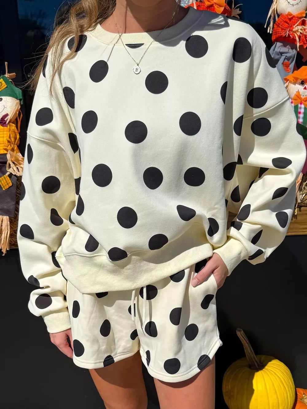 cream lounge set with polka dot and crew neck