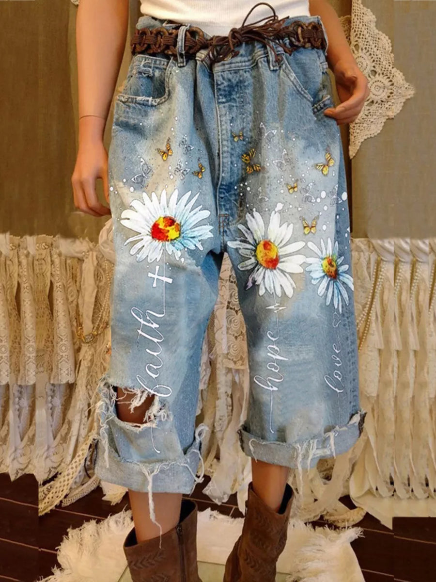 light blue jeans with floral and N/A