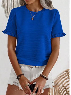 Blue textured t-shirt with ruffle sleeves and crew neck.