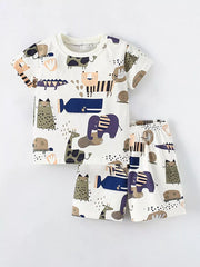 Toddler animal print cotton tee and shorts set with playful cartoon animals.