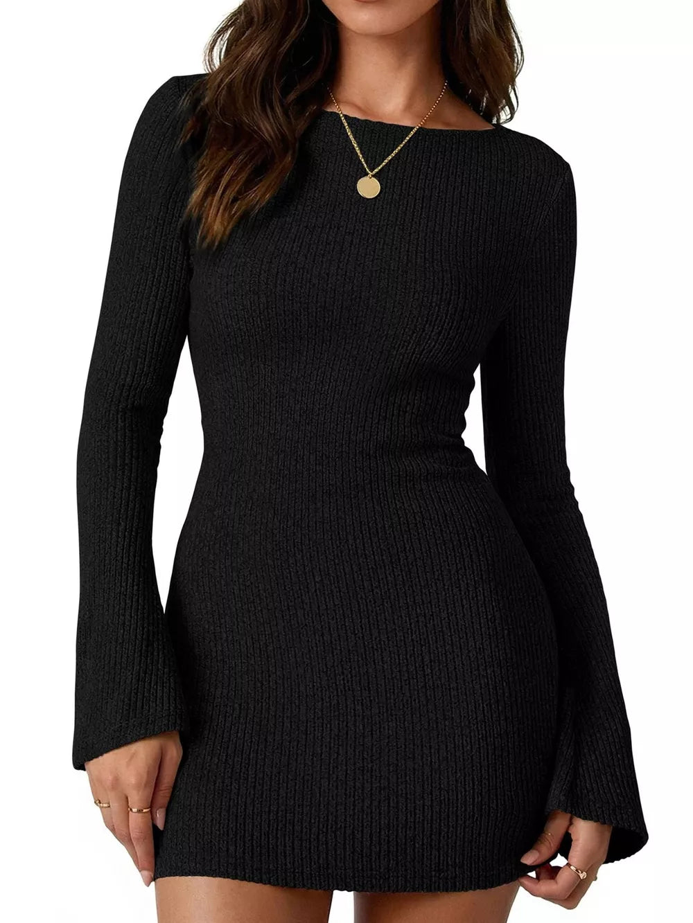 black sweater dress with ribbed and boat neck