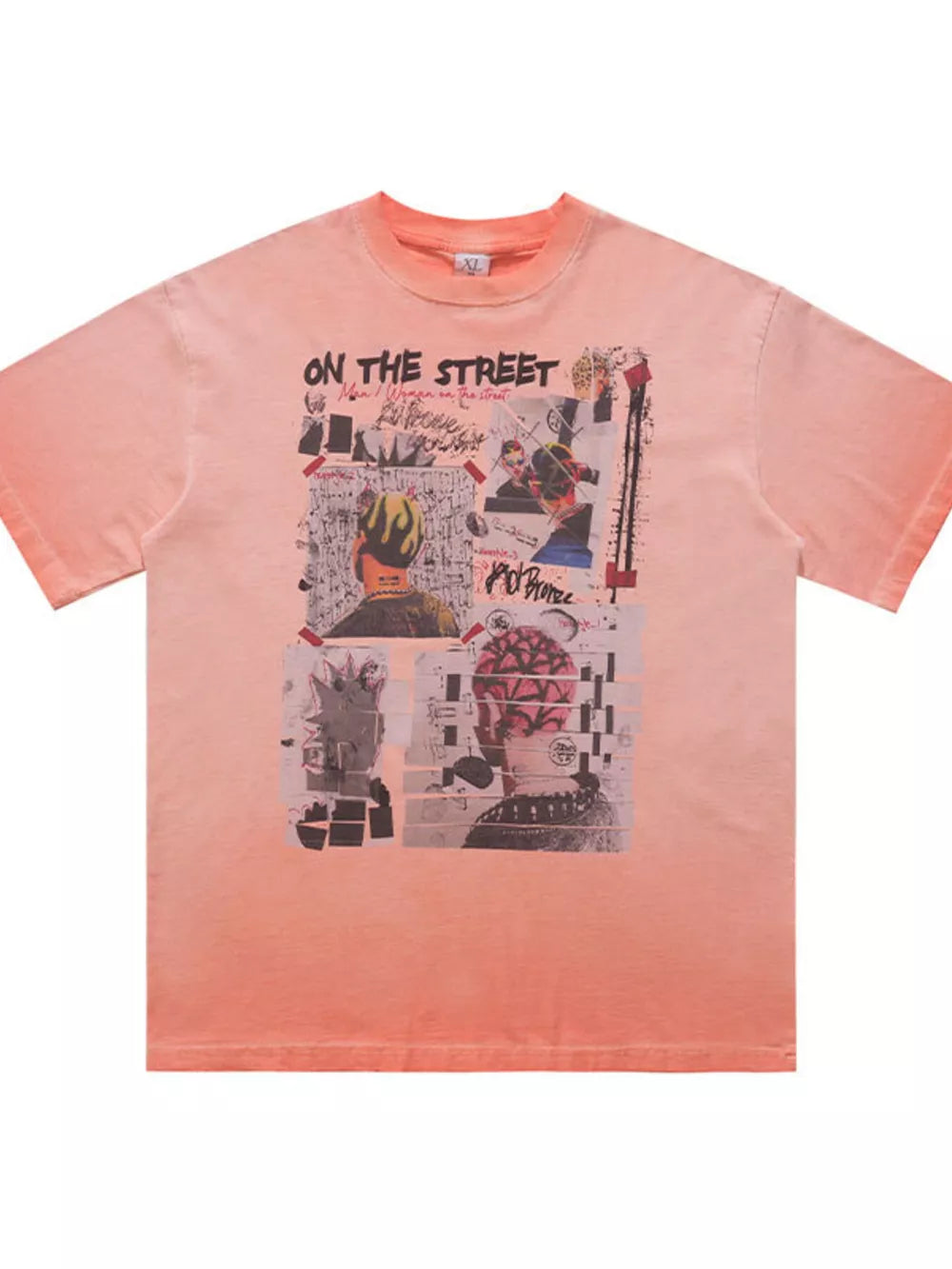 Men's graphic t-shirt in orange with a round neck and collage-style print.