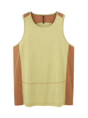 Men's tank top in light yellow with brown color block sides and horizontal seam detail.