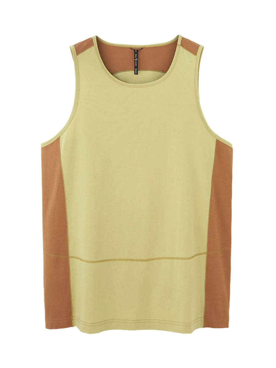 Men's tank top in light yellow with brown color block sides and horizontal seam detail.