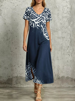 navy blue midi dress with abstract-script and v-neck