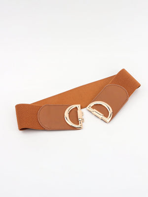 Caramel elastic waist belt with double D buckle and faux leather accents