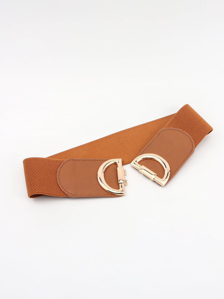 Caramel elastic waist belt with double D buckle and faux leather accents
