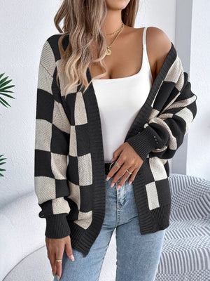 cream cardigan featuring stretchy and checked