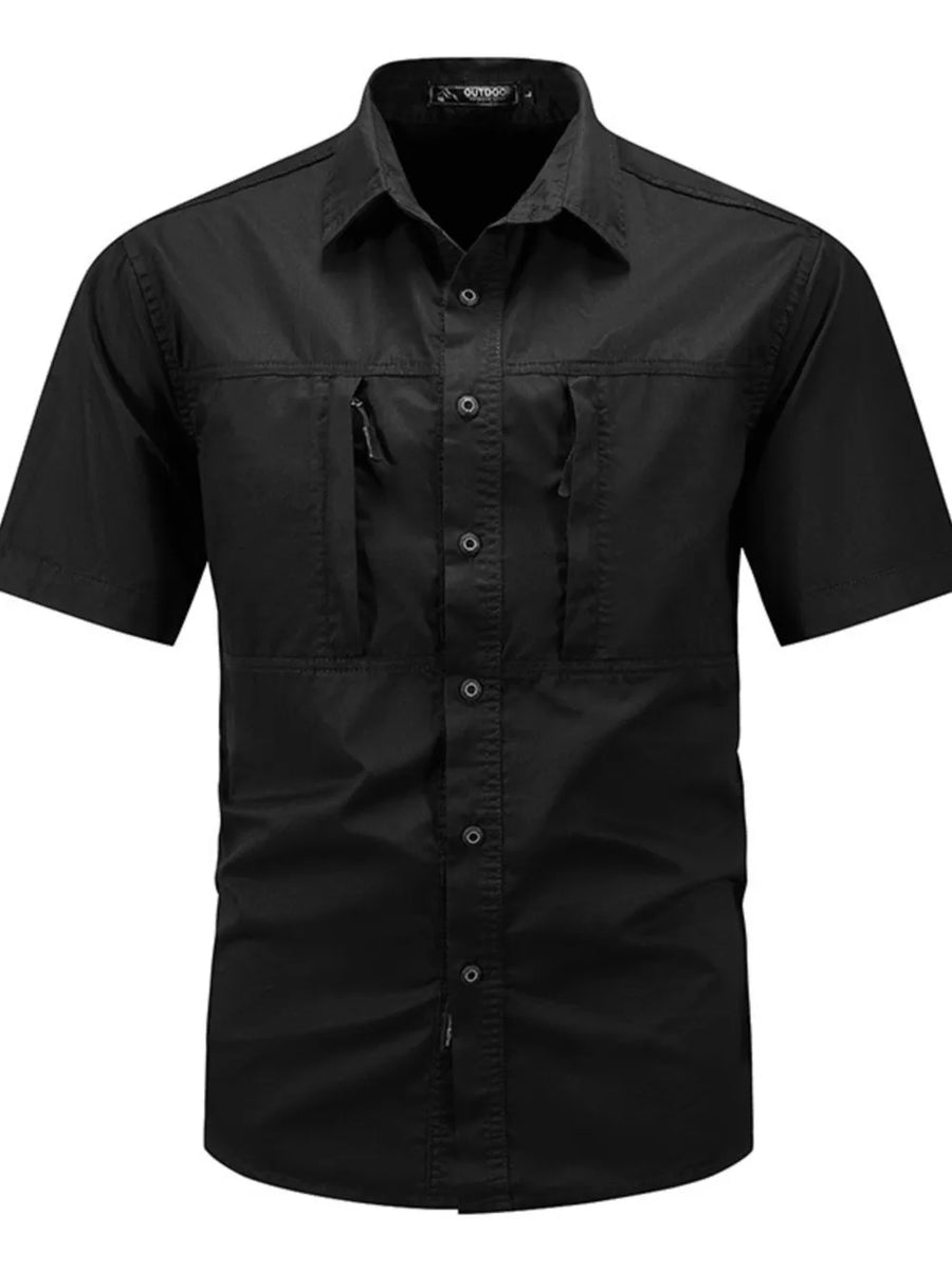 Black short sleeve button-down shirt with two zippered chest pockets