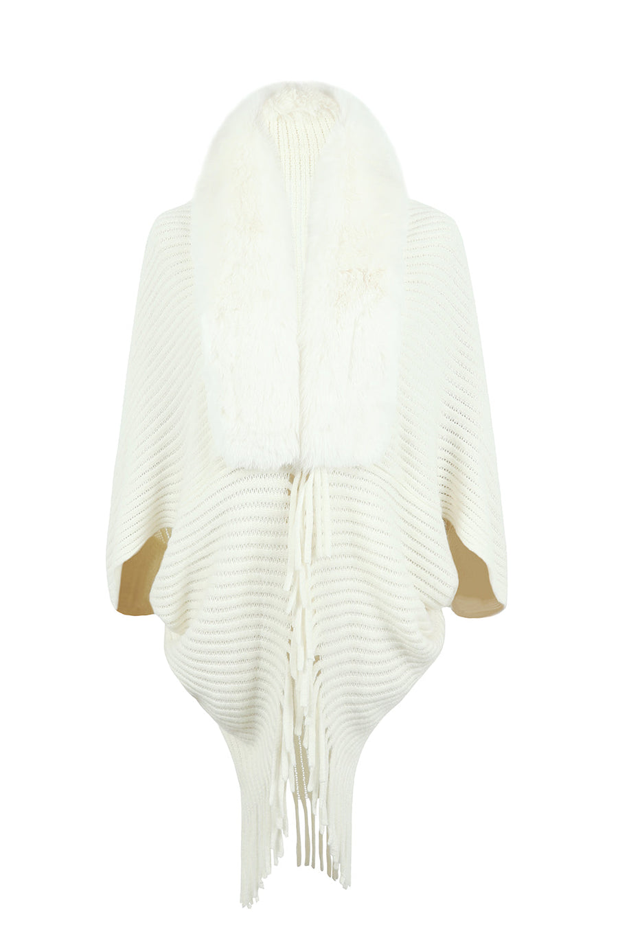 Ivory knit cape with faux fur collar and fringe detail.