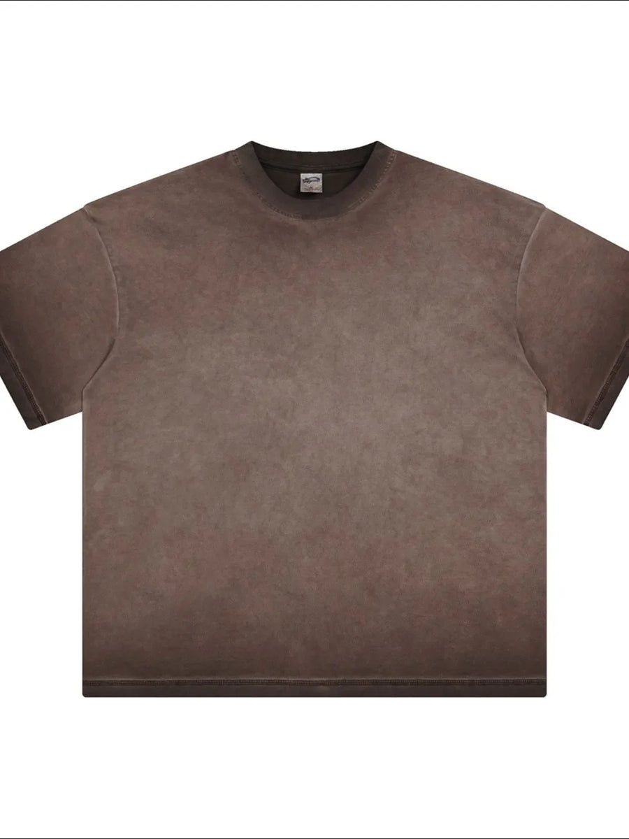 Pigment-dyed oversized tee in Coffee Brown with a crew neck and short sleeves.