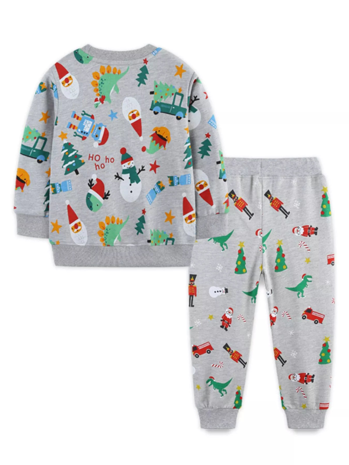 Children's gray cotton Christmas print pajama set with dinosaurs, Santas, snowmen, and nutcrackers.
