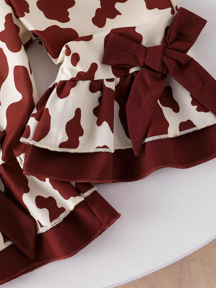 Children's Cow Print Ruffle Jumpsuit in Brown And White, view 11