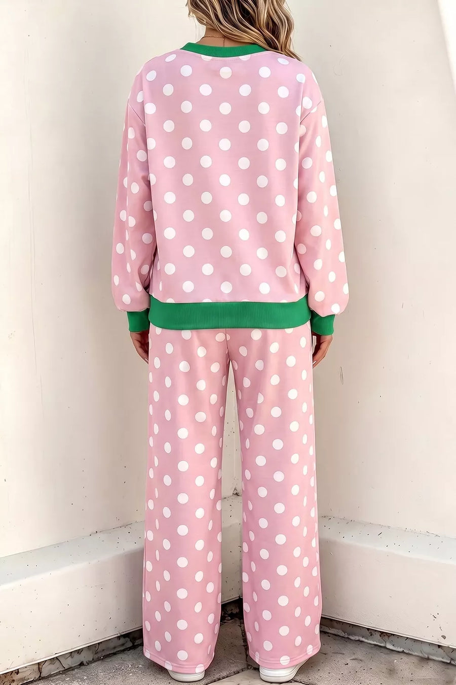 white pajama set featuring drawstring and polka dot