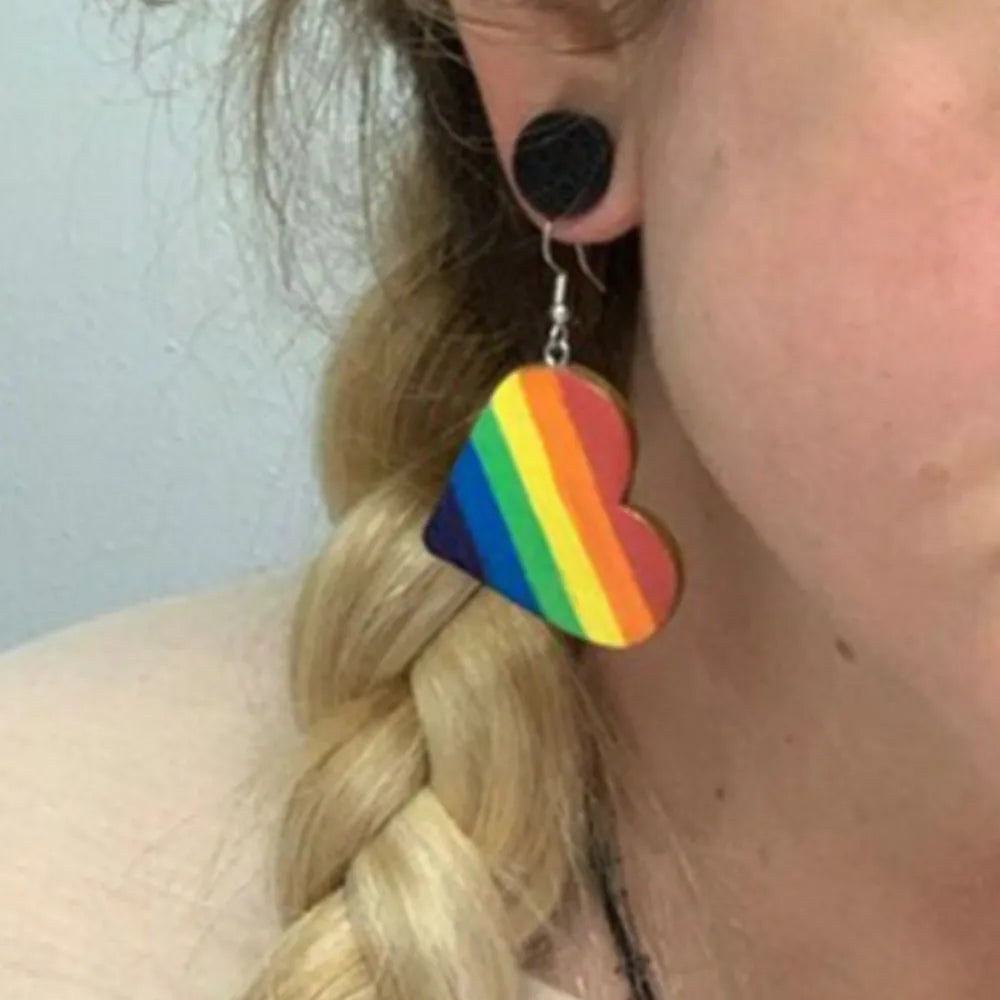 Rainbow heart pride drop earrings, multicolor alloy, casual style.