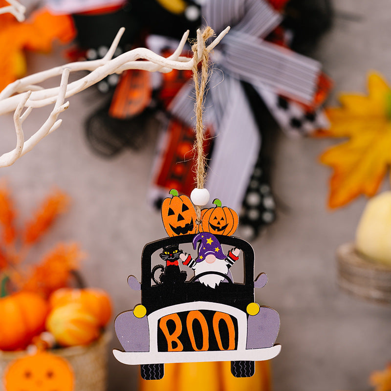 Halloween car ornament with gnome, black cat, pumpkins, and "BOO" text.