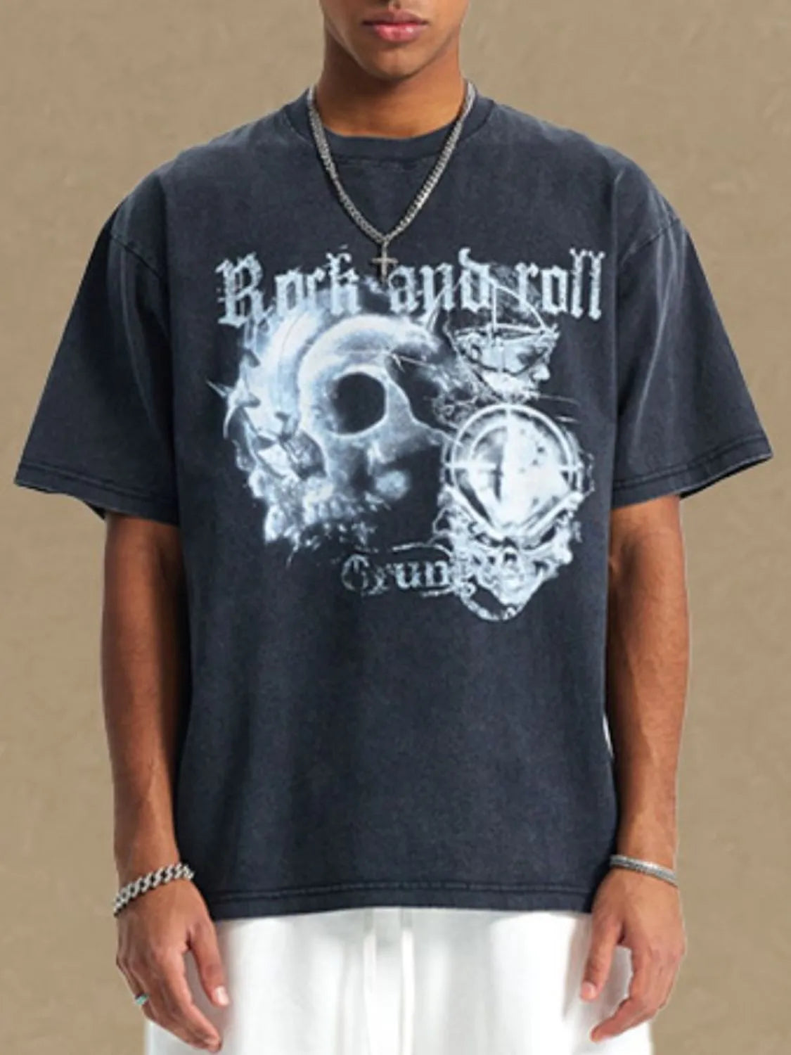 Black vintage rock graphic tee with skull and fire design