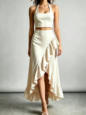 two-piece set in ivory featuring ruffled and A-line fit