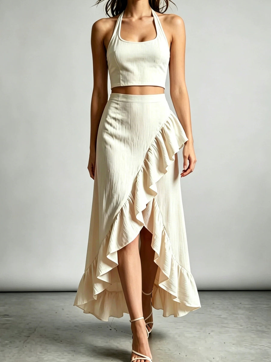 two-piece set in ivory featuring ruffled and A-line fit