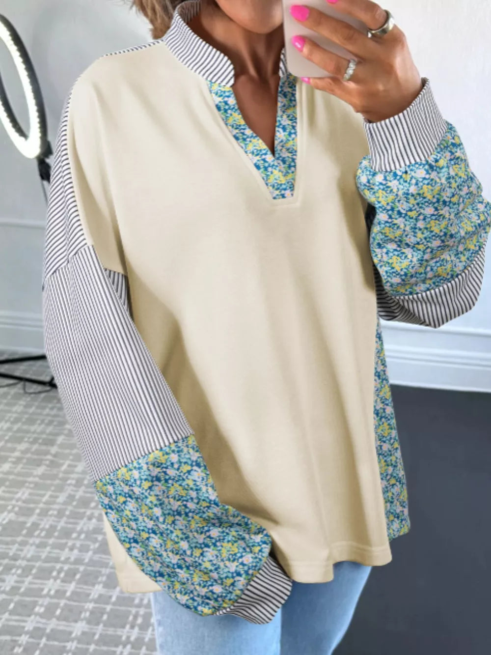 Cream Floral Striped Drop Sleeve Collared Sweatshirt