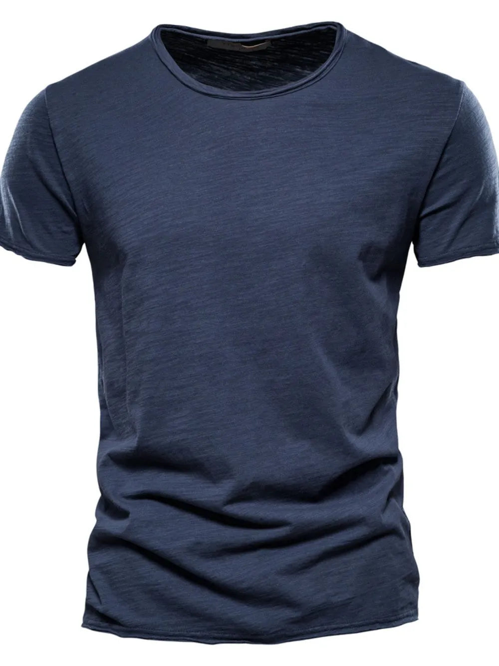 Navy slub cotton crewneck tee with textured slub detail