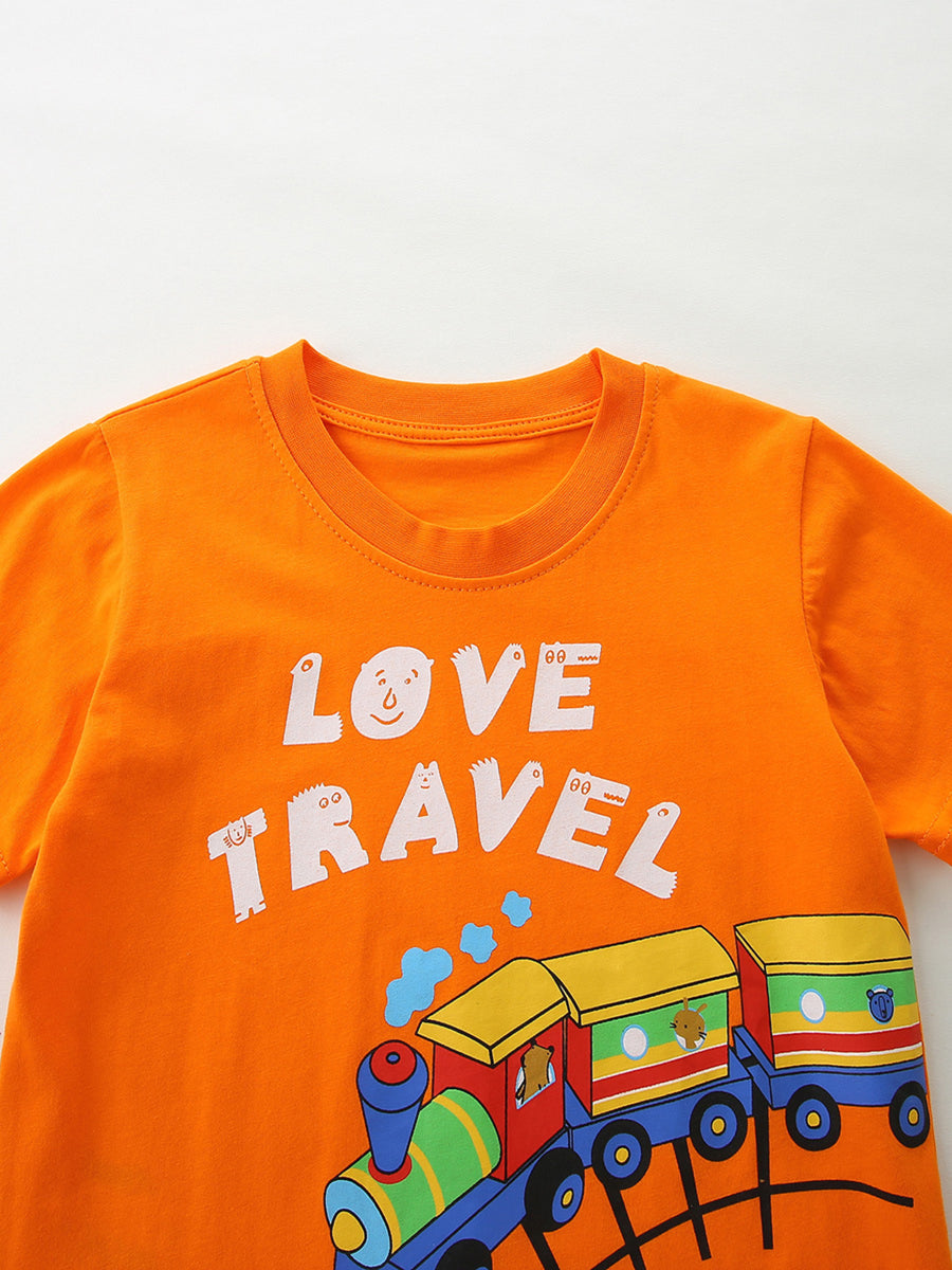 Orange cotton t-shirt with playful "LOVE TRAVEL" text and a colorful train graphic for kids.