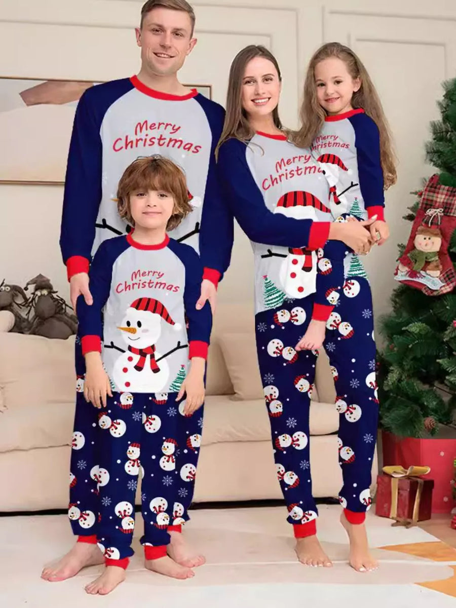 navy blue pajama set with snowman print and crew neck