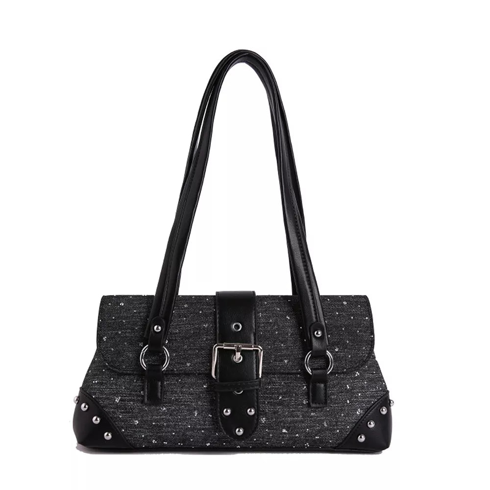 Studded Shoulder Bag With Buckle Detail in black with studded
