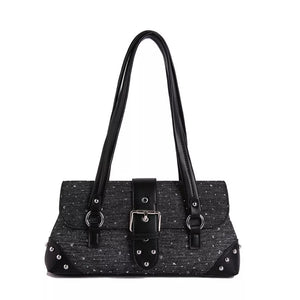 Studded Shoulder Bag With Buckle Detail in black with studded