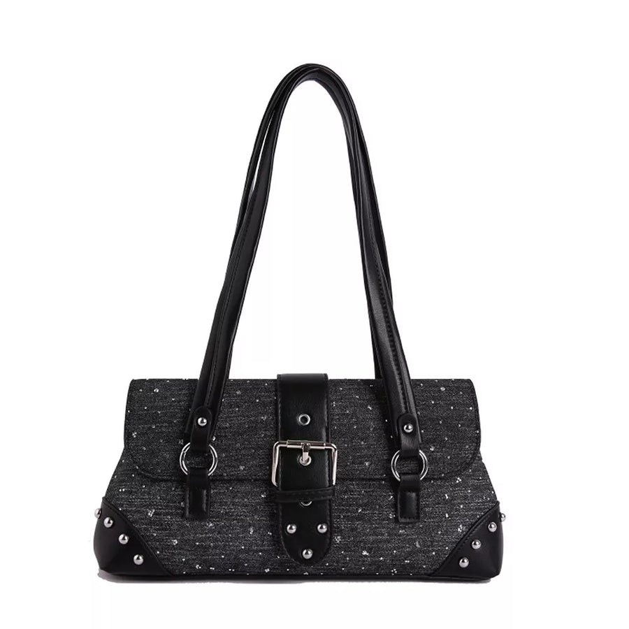 Studded Shoulder Bag With Buckle Detail in black with studded