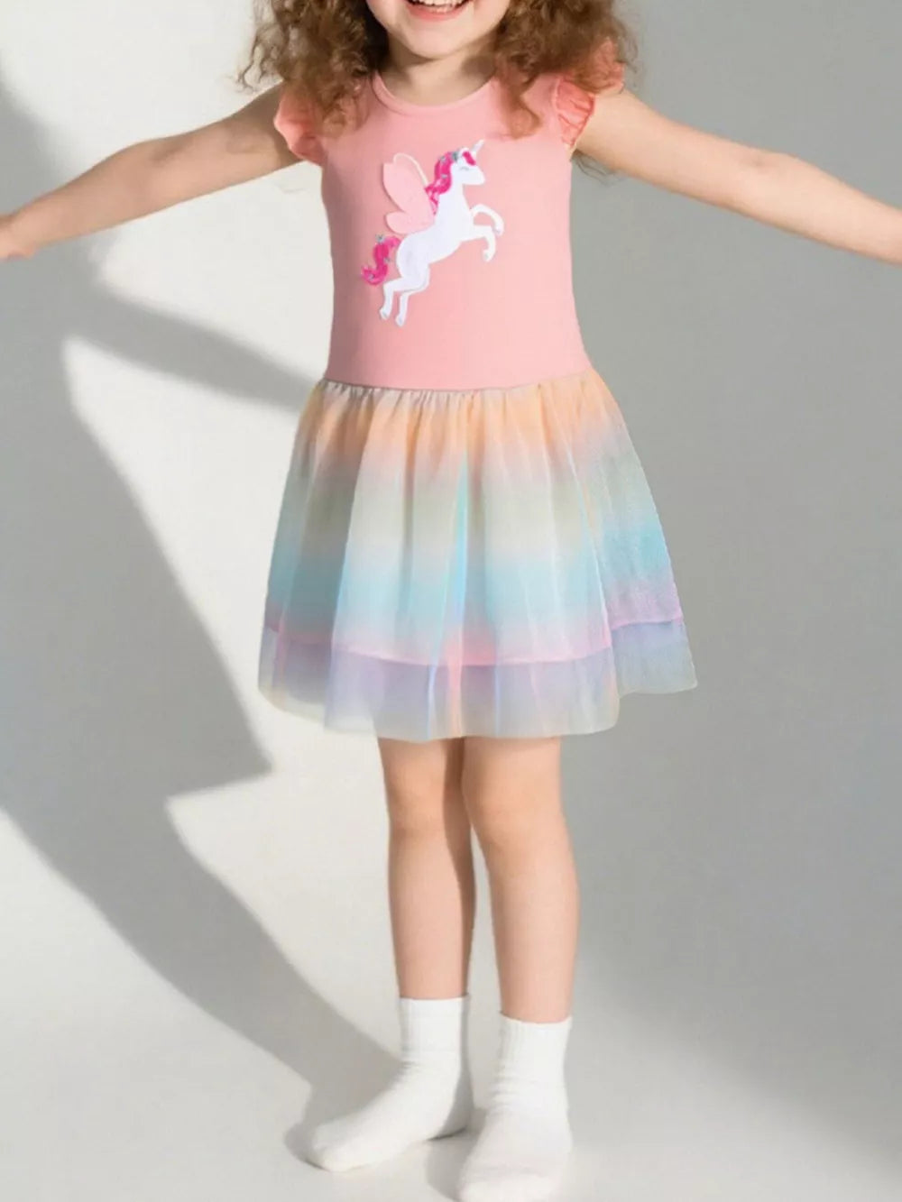 Pink unicorn applique tulle dress with rainbow skirt for baby girls