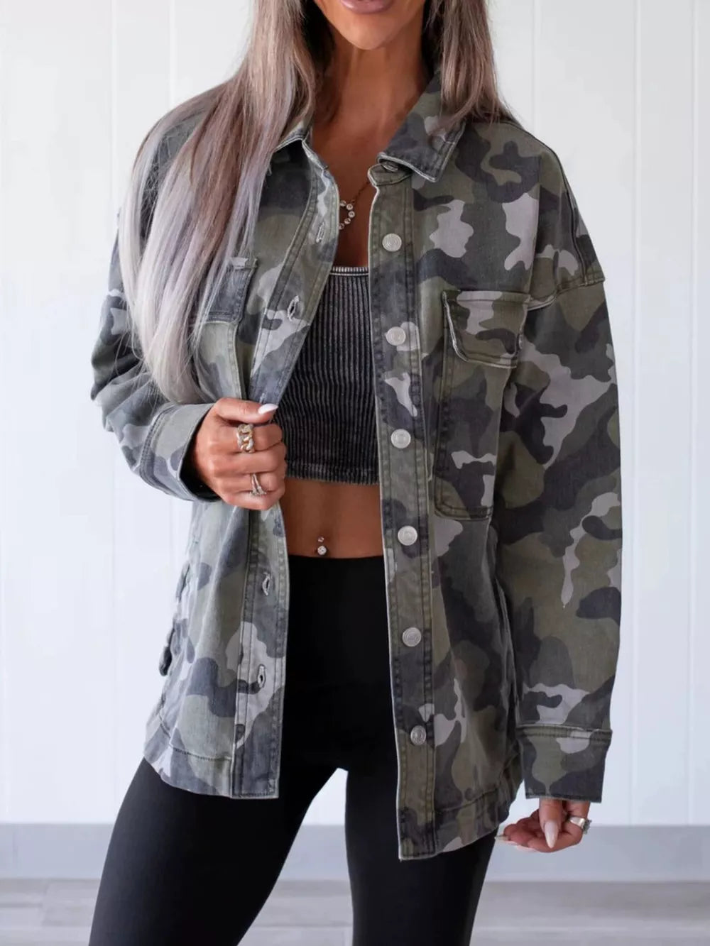 olive green denim jacket with camo and collared