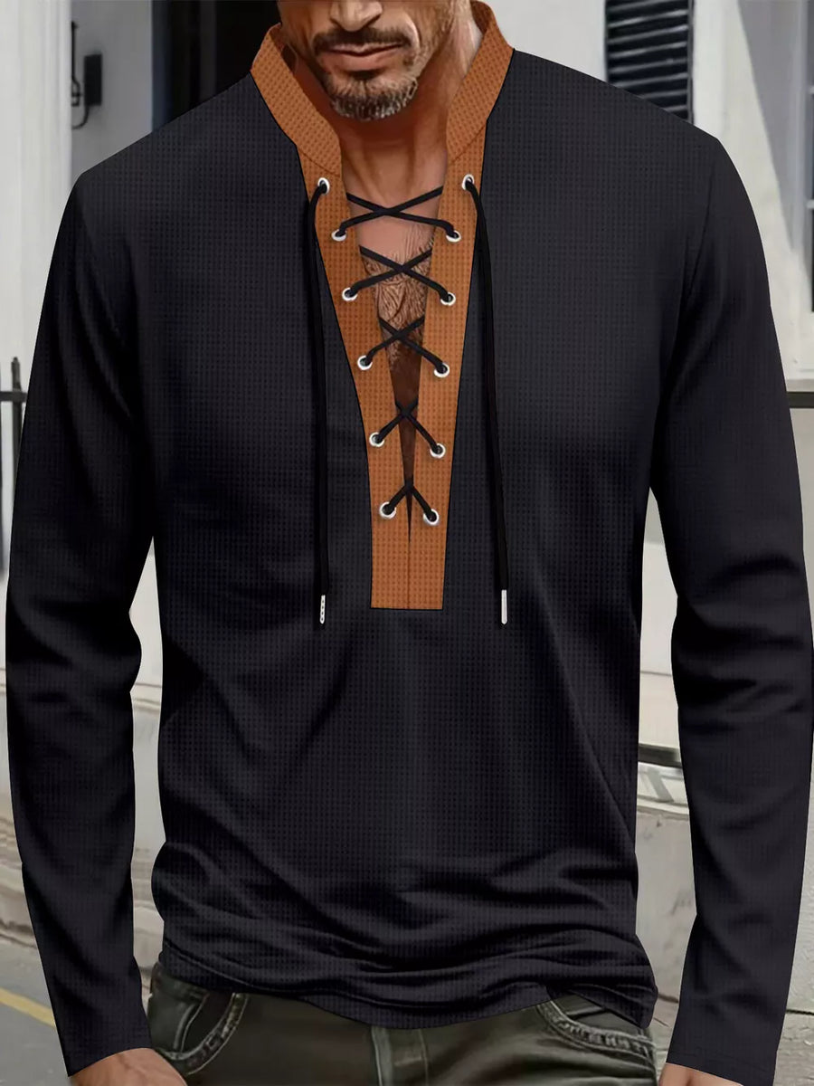 Khaki Men's Vintage Lace-up Long Sleeve Henley Plus Size