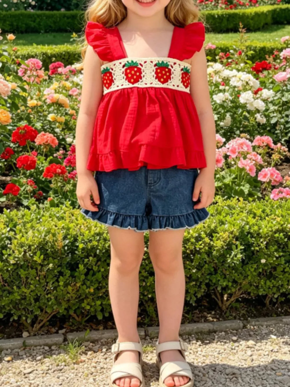 Red Children's Strawberry Crochet Trim Top & Denim Shorts Set